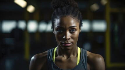 young African adult woman in gym setting, sweatsoaked brow reflecting intense workout. determination evident she physically exerts herself, displaying resilience by implementing active coping