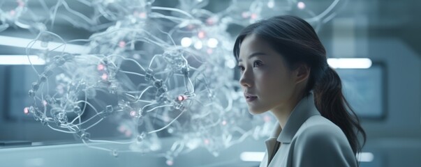 middleaged Asian woman, acclaimed neuroscience researcher at innovative lab in . She deeply engrossed in investigating relation between neural stimuli and consequent behavioral triggers
