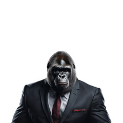 Portrait of Humanoid Anthropomorphic Gorilla Wearing Businessman Suit Isolated Transparent