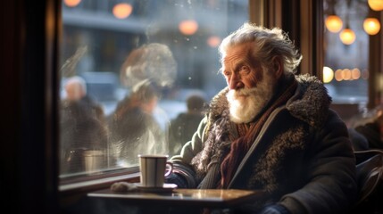 Obraz premium icy morning swirls around elderly Caucasian man in cozy nook of bustling coffee shop. gaze remains transfixed on steaming cup of coffee before him, he seems lost in cognitive process of introspection,