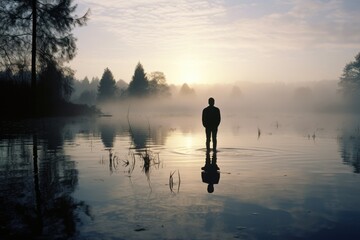 youthful, fairskinned male of European ethnicity stands at edge of serene lake at dawn. He observes mirrored image ripples across water surface, reflecting on past actions and future prospectsan