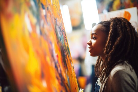 In tranquil art therapy center, African American woman in prime of youth indulges in painting. Each stroke channels stress and anxiety onto canvas, manifesting coping mechanism Art Therapy,
