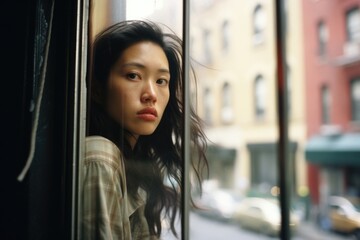 young Asian woman gazing out of apartment window captivated by citys hustle and bustle, withdrawn demeanor hinting on avoidant attachment styles, developing result of unresponsive or emotionally