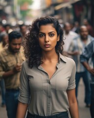 young Sri Lankan woman in busy city street, being preoccupied by own thoughts, unintentionally distancing herself from others, anonymized due to passive avoidance, said to be maladaptive approach