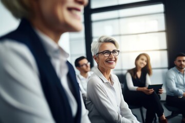 Businesswoman coach in glasses at corporate meeting in boardroom. Brainstorm, business coaching
