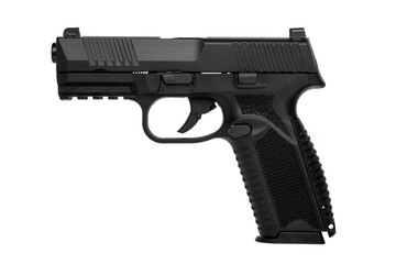 Modern semi-automatic pistol isolate on a white background. Armament for the army and police. Short-barreled weapon