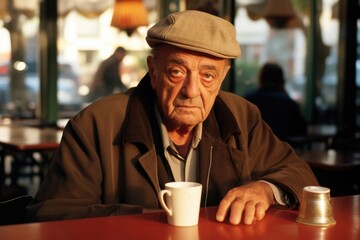 elderly gentleman of Mediterranean origins spends afternoons at empty coffee shop. He enjoys espresso alone, refraining from interacting with few patrons around. environment demonstrates societal