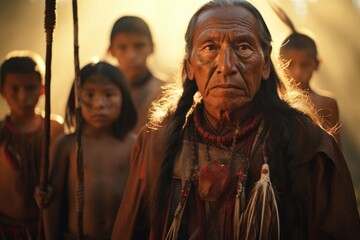 Deep in heart of Native American reservation, aged tribal elder guides young warriors through vision quest. concepts of selfexploration and introspection, integral to gestalt psychology, ilrated - obrazy, fototapety, plakaty
