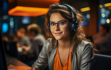 woman with headsets smiling at computer, working,