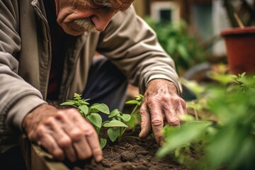 Amidst gloomy day in quaint neighborhood, elderly Caucasian man stoops over plant bed. wrinkled, dirtstained hands work passionately, lovingly nursing flora to life. He practices horticultural