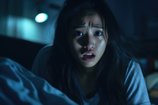 In dim lights of dorm room, young Asian woman stays awake long into night fearing another episode of nightmare. She exhibits signs of Nyctophobia irrational fear of night. concentration on