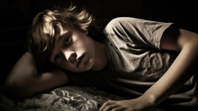 On second floor of suburban home, adolescent Caucasian boy finds himself abruptly awakened, drenched in sweat after experiencing nightmare. Hes grouchy, rubbing eyes and exhibiting signs of