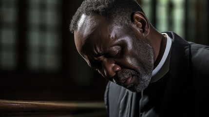 In religious quietude of church, African priest deals with anticipatory grief preparing mentally for inevitable loss of aging mentor. troubled expression sober reminder of imminence of loss