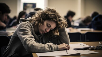 In modern European classroom, young lady takes notes fervently she attempts to understand complex psychological nuances of guilt. diligent notetaking reflects deep contemplation on intricate