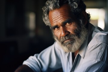 Aboriginal Australian male deep into years seen in warm office, contemplating teachings of CBT. thoughtful gaze tries to unscramble reality testing of CBT approach, showing involvement in theoretical - obrazy, fototapety, plakaty