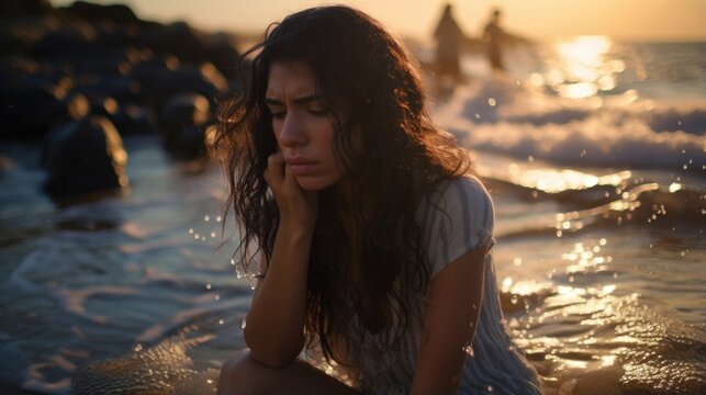 At crowded beach, young Hispanic woman engrossed in own world. Balancing psychology journal on knees, she navigates through labyrinth of guilt. crashing waves parallels oscillating feelings