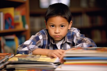 young Native American boy in public library displays symptoms of Autism Spectrum Disorder he deeply engrosses himself in sorting books by color, oblivious to surrounding people. repetitive