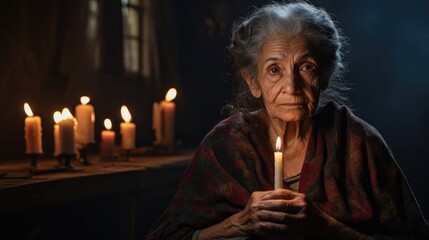 older Latina woman sits serenely in dimly lit room, flicker of candles casting long shadows on weathered face. Meditative music soothes upheaval she has been grappling with. focus on mindfulness,