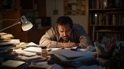middleaged Hispanic man seen in neatly organized study room. However, rooms precision contrasts with toll circadian rhythm disorder, common cause of insomnia, has taken on him he struggles