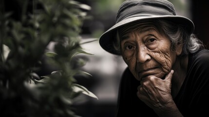 elderly Latinx woman in humble garden, continuously checking over shoulder. mistrustful gaze implies fear of exploitability and preoccupation with unjustified doubts about others loyalty, few - obrazy, fototapety, plakaty