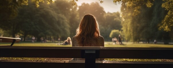 youthful Caucasian woman in public park, seated on bench, gaze flitting nervously to passersby. This displays example of hypervigilance, often found in those with paranoia, reflexive response