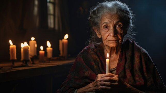 older Latina woman sits serenely in dimly lit room, flicker of candles casting long shadows on weathered face. Meditative music soothes upheaval she has been grappling with. focus on mindfulness,