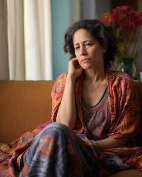 postmenopausal Hispanic woman sits uncomfortably in comfortable living room. vibrant colors of home do little to mask immense fatigue caused by paradoxical insomnia. state of sleep misperception