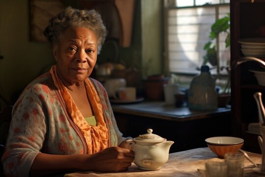 Last scene features mature African American woman cradling cup of herbal tea in quaint kitchen, gaze fixed on soing far beyond physical realm. silent story of comorbid insomnia written amid