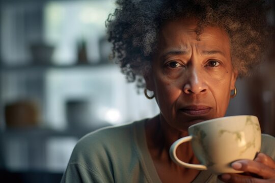 Last scene features mature African American woman cradling cup of herbal tea in quaint kitchen, gaze fixed on soing far beyond physical realm. silent story of comorbid insomnia written amid