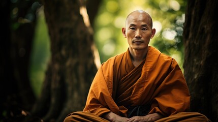 Fototapeta premium At secluded retreat center, middleaged Asian Monk discusses Buddhist teachings on defense mechanisms and selfawareness. He uses coping mechanisms like spiritual sublimation, where one redirects