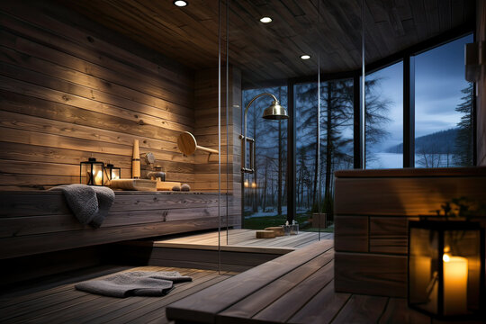 Low angle perspective of minimal Interior of sauna room in spa