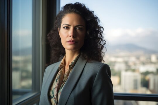 Standing in office, overlooking city, middleaged Hispanic exeive woman scowls. Beneath successful exterior, microaggressions and lack of empathy towards subordinates reveals hostility. This