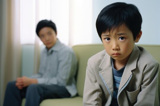 young Asian boy, with apprehensive look on face, guided by through scene from past in small, intimate consultation room. They immersed in Prolonged Exposure therapy, theutic tactic used in