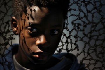 Fototapeta premium African American boy on brink of adolescence, dark skin glistening under harsh lights of police station, grapples with chaotic feelings ignited by shocking encounter. Instances of psychological
