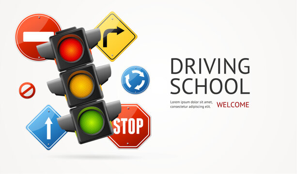 Realistic Detailed 3d Driving School Ads Banner Concept Poster Card. Vector Illustration Of Professional Auto Education Driving Rules