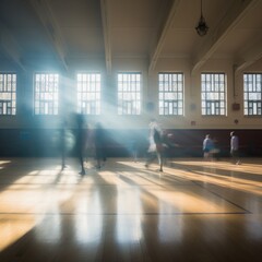 blurred view of a basketball gym, windows along the perimeter, mingling with the crowd, bathed in the light of the sun. Generative AI