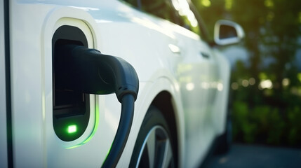 Fototapeta premium EV charging station, Eco power and clean energy, green energy, cable and plug on nature background, zero gas no transmission , technology and EV Car concept. Generative AI