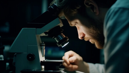 Young adult scientist examining biochemistry with high scale magnification microscope generated by AI