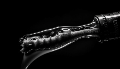 Metallic drop on black background, sharp curve in macrophotography generated by AI