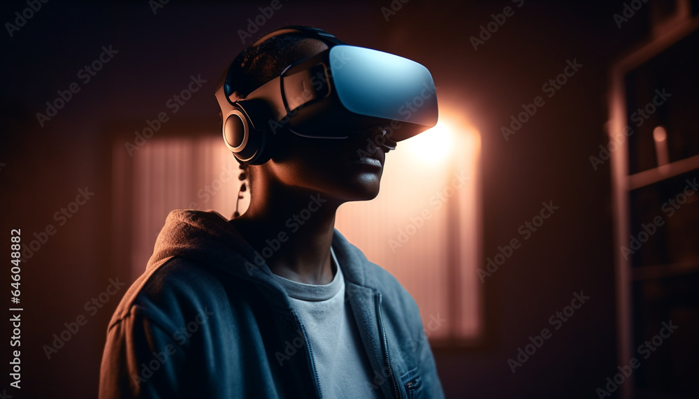 Poster one man playing futuristic video game with virtual reality simulator generated by ai