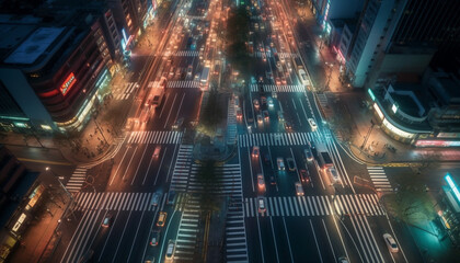 Fototapeta premium Illuminated city skyline, blurred motion, traffic rush hour, modern transportation generated by AI