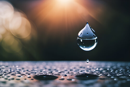 This striking stock photo features an isolated raindrop delicately poised on a glossy black surface with a bokeh effect
