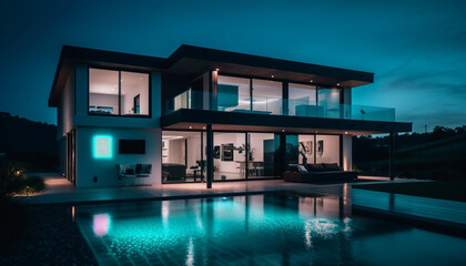 Luxury poolside relaxation at modern apartment with stunning twilight architecture generated by AI