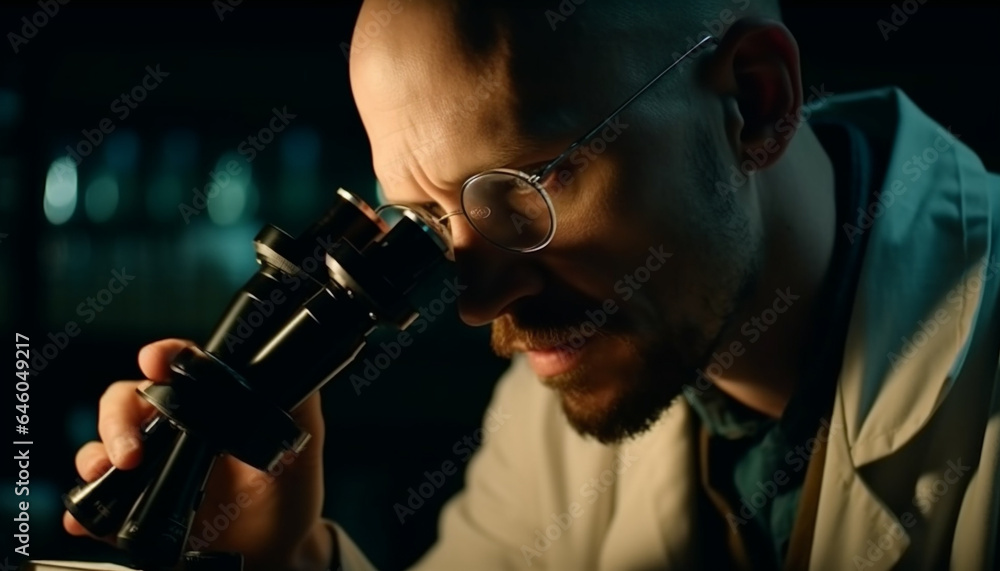 Poster expert scientist analyzing scientific experiment with magnifying glass and microscope generated by a