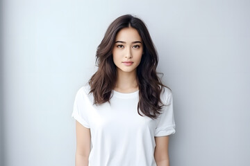 Young beautiful asian woman model with long hair in white t-shirt posing on light grey background.