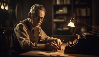 Obraz premium Serious businessman typing on antique typewriter in home office library generated by AI