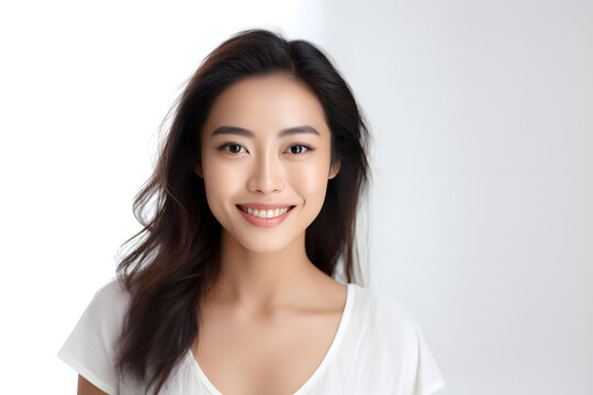 Young beautiful asian woman model with long hair in white t-shirt posing on light grey background.