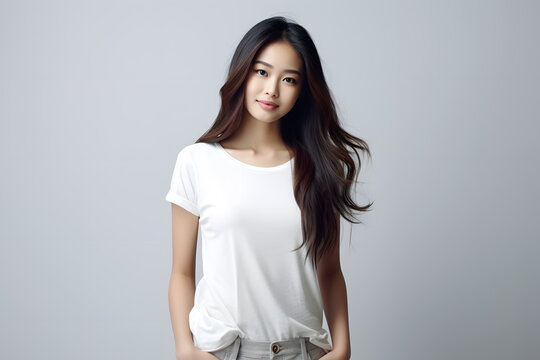 Young beautiful asian woman model with long hair in white t-shirt posing on light grey background.