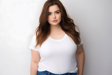 Fototapeta premium Young beautiful plus size woman model with long hair in white t-shirt posing on light grey background.