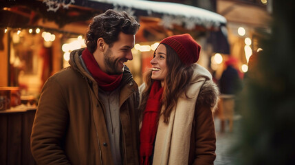 A young cheerful couple having a walk with hot drinks, dressed warm, looking at each other and laughing, snowflakes all around. Enjoying Christmas Market. Chrismas scenery